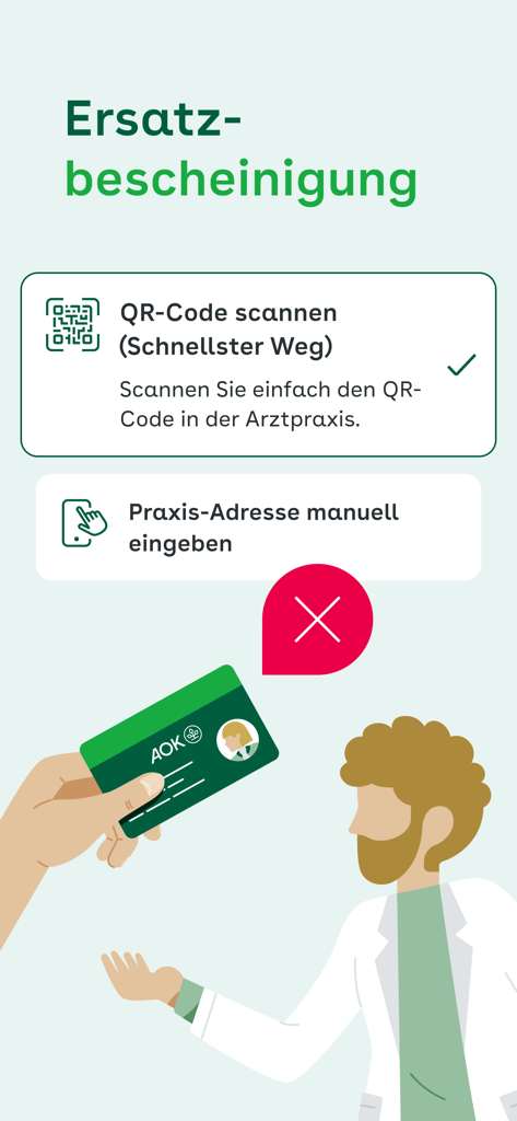 Meine AOK - Pantalla de solicitud de certificado de seguro digital en la aplicación Meine AOK con opción de escaneo de código QR