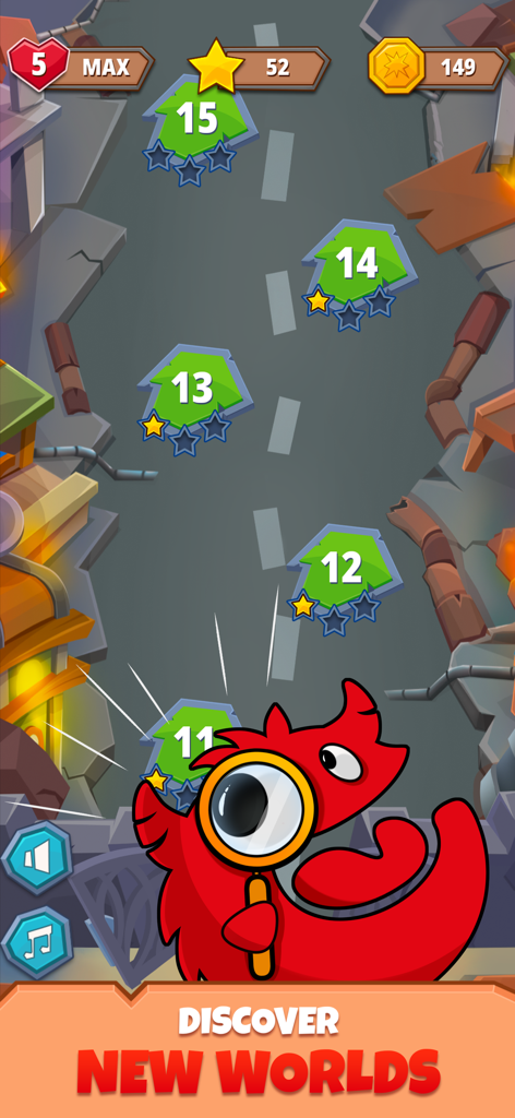 Run Up - Nifty-Lifty - Personaje Spike mirando los niveles numerados del juego en un mapa con una lupa