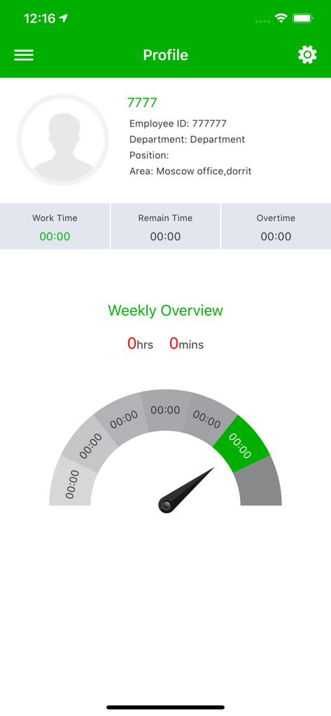 ZKBioTime app employee profile screen with work time summary and weekly overview gauge