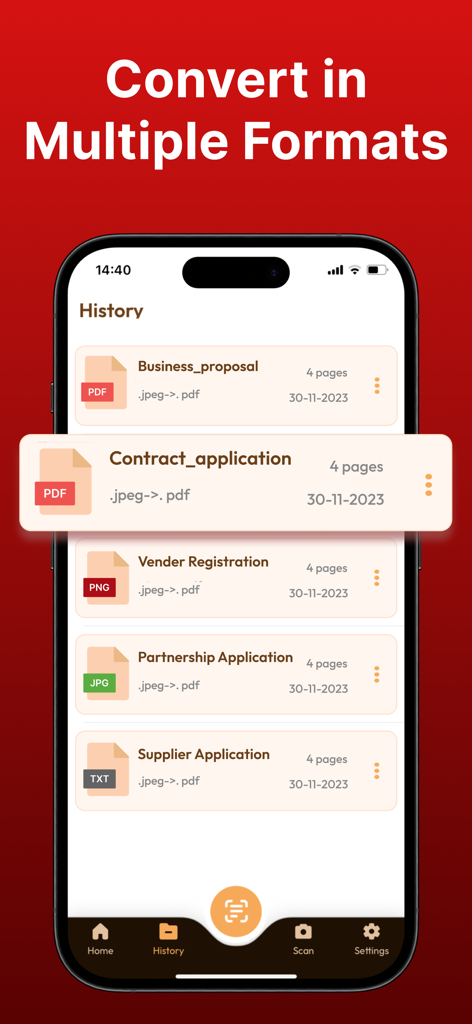 PDF Converter . Convert to PDF - Captura de pantalla de iPhone que muestra un historial de documentos convertidos a PDF, incluyendo propuestas de negocios y contratos