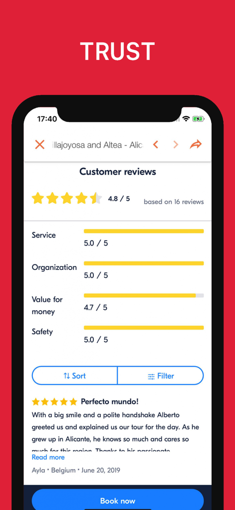 Customer reviews and ratings screen for travel tours in the Alicante app showing high scores for service and safety.