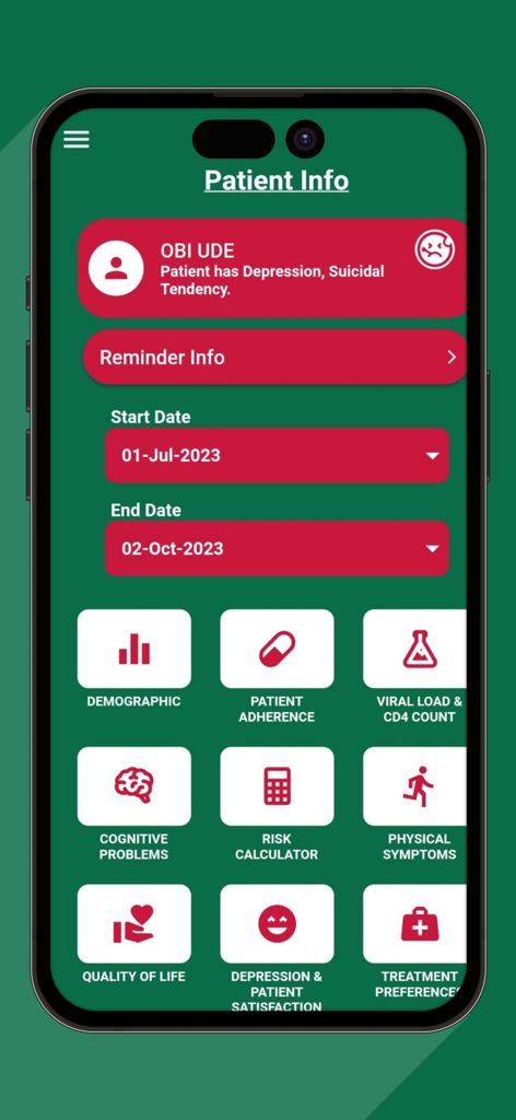 SPEEDY APP patient info dashboard with medical tracking categories