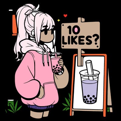 girl with oversized hoodie drinking boba and she has a high ponytail with a sign that says 10likes?