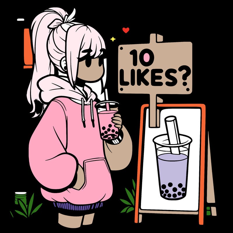 girl with oversized hoodie drinking boba and she has a high ponytail with a sign that says 10likes?