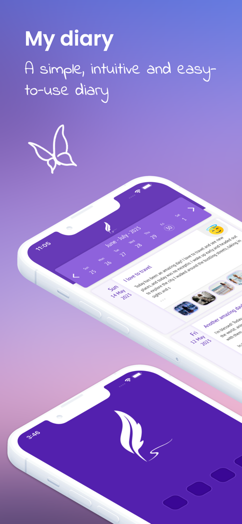 Interface of the My diary Secret Journal app on two iPhones showing a purple theme and calendar entries with photos.