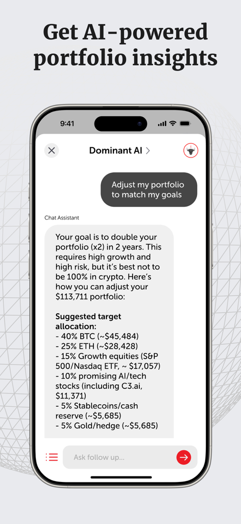 AI investing assistant chat interface providing a suggested target portfolio allocation based on financial goals