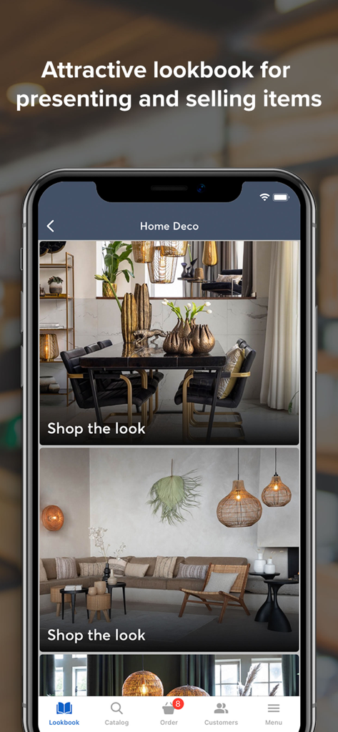 App4Sales - Interface de l'application mobile App4Sales montrant un lookbook numérique pour la présentation et la vente d'articles de décoration intérieure