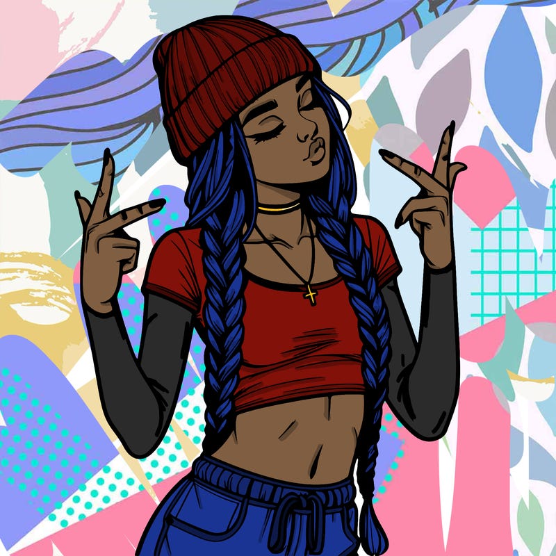 realistic teenage girl with braids and a beanie and crop top doing 🫶🏼