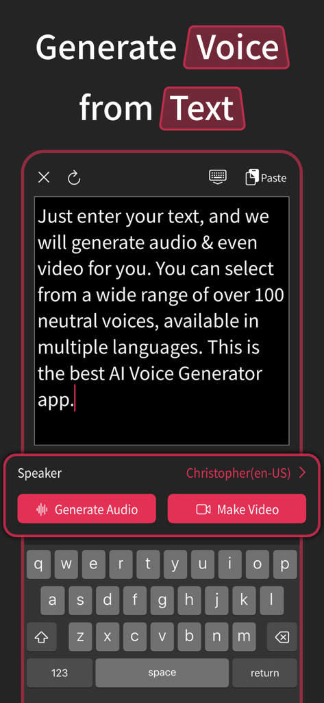 AI Voice Generator Video Maker - AIボイスジェネレーターアプリのインターフェース。オーディオとビデオを生成するためのテキスト入力画面が表示されています。