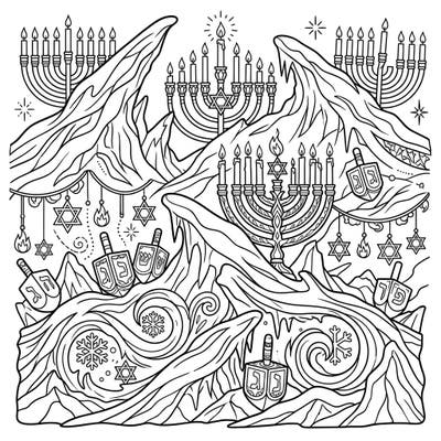 Embark on a festive coloring adventure with this unique Hanukkah design, blending traditional symbols with striking natural ice formations. This intricate page promises hours of creative joy, perfect for all ages.