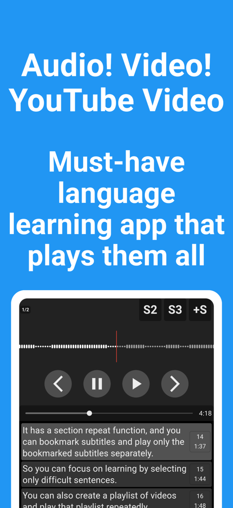 Shadowing Player: Languages - Shadowing Player app interface showing video playback with synchronized subtitles for language learning