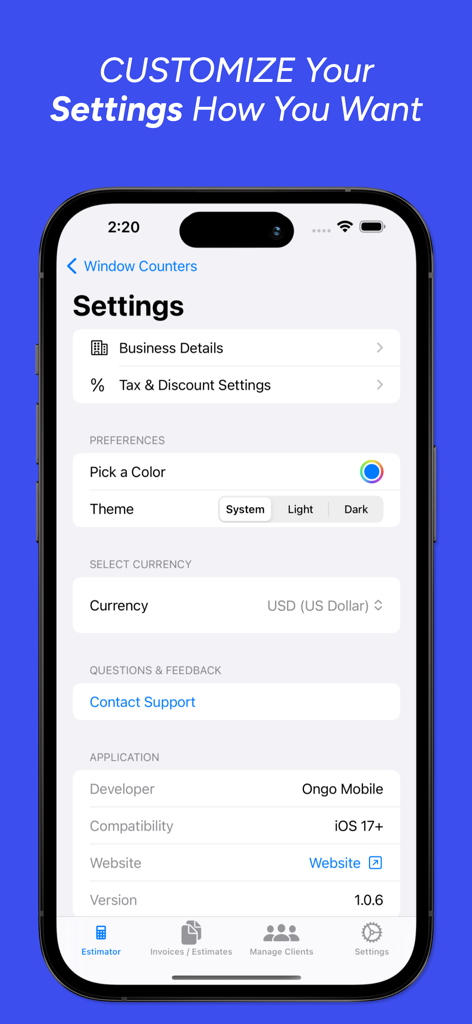 Settings screen of the Window Cleaning Estimator app showing customization options for business details theme and currency.