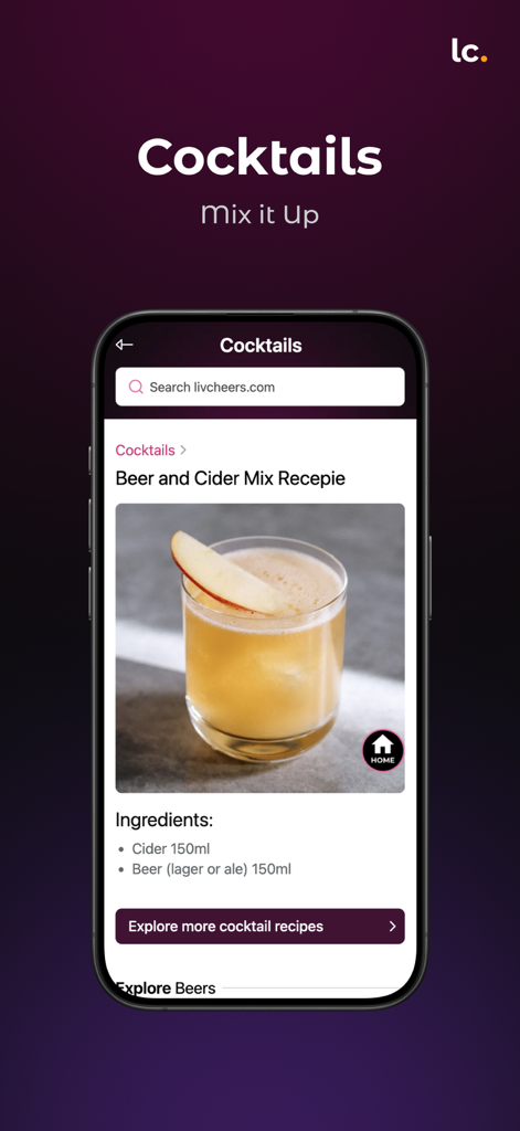 Livcheers - Alcohol Discovery - Smartphone screen showing a beer and cider cocktail recipe with ingredients on the Livcheers app
