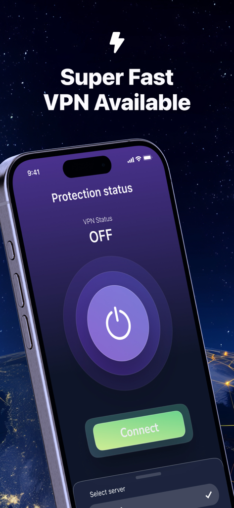 Interfaz de la aplicación Secure360 VPN guard en un iPhone que muestra un gran botón de conexión y el indicador de estado de protección.
