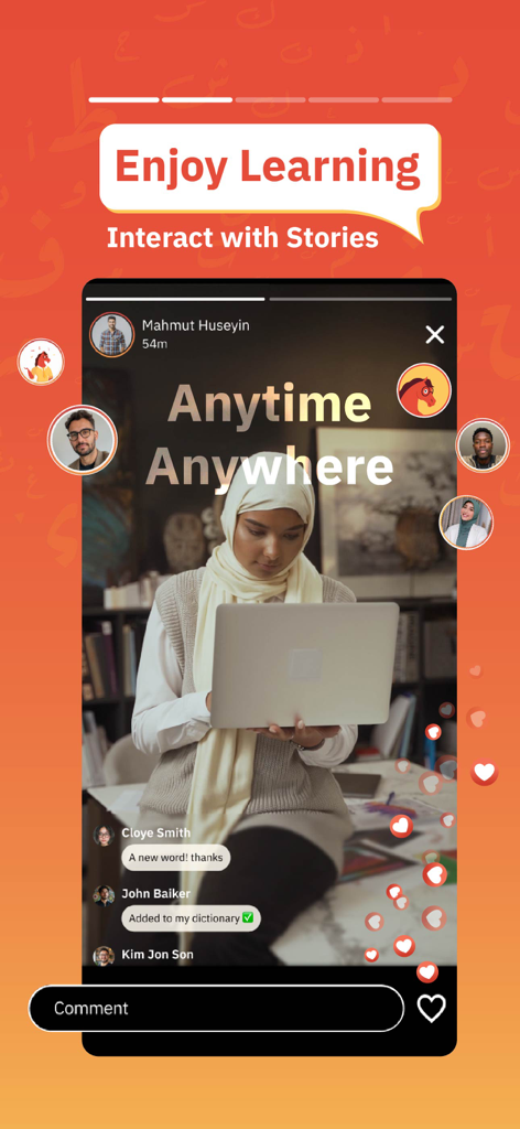 Teach Me Arabic - User interface of the Teach Me Arabic app showing an interactive learning story with video and social comments