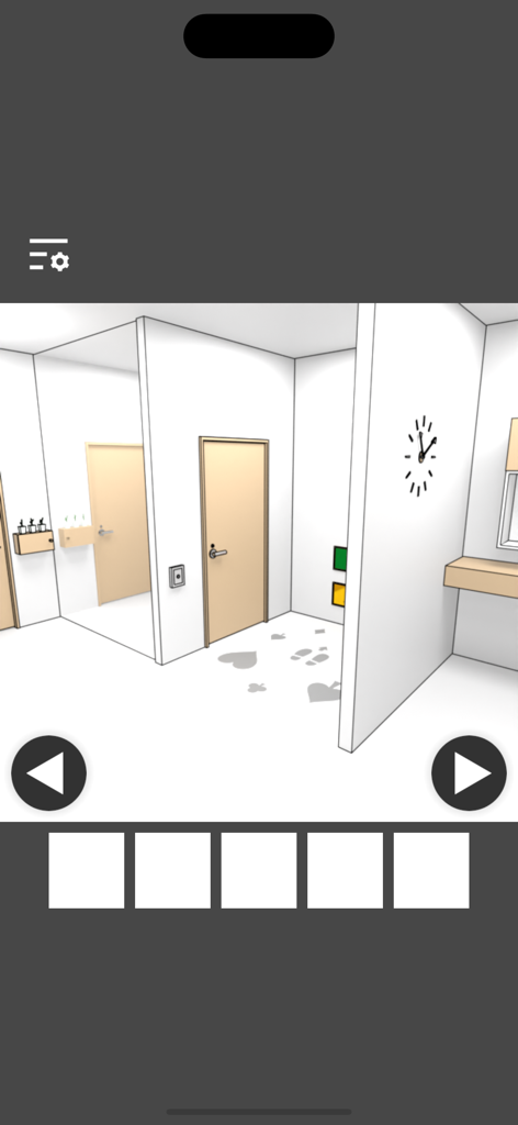 Mirror Room Escape - Minimalist white room with wooden doors and card symbols on the floor in Mirror Room Escape game