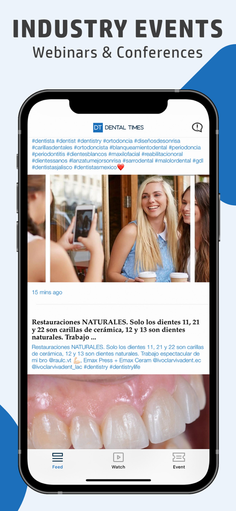 Dental Times - The Dental Times app interface displaying a professional news feed with industry events and clinical dental case studies.