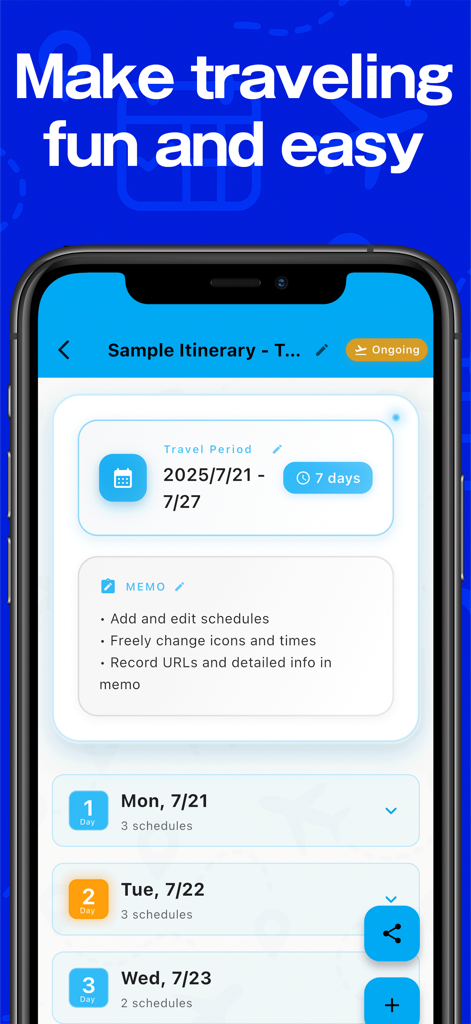 Trip Planner · Share Itinerary - Mobile phone screen showing a detailed travel itinerary with dates and daily schedules