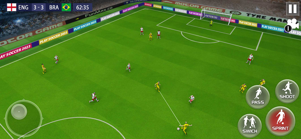 Play Soccer 2026 - Real Match - Gameplay screenshot of Play Soccer 2026 showing a match between England and Brazil with on-screen touch controls