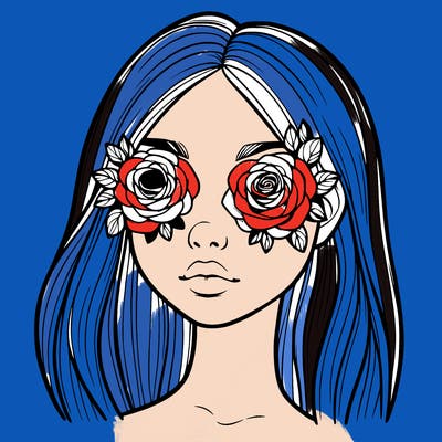 a realistic girl with roses for eyes