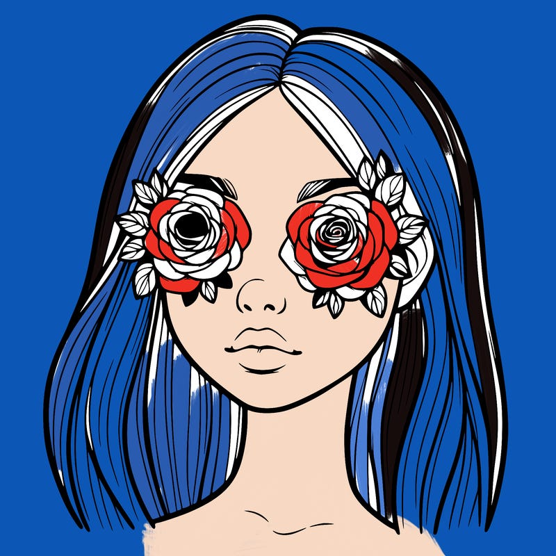 a realistic girl with roses for eyes
