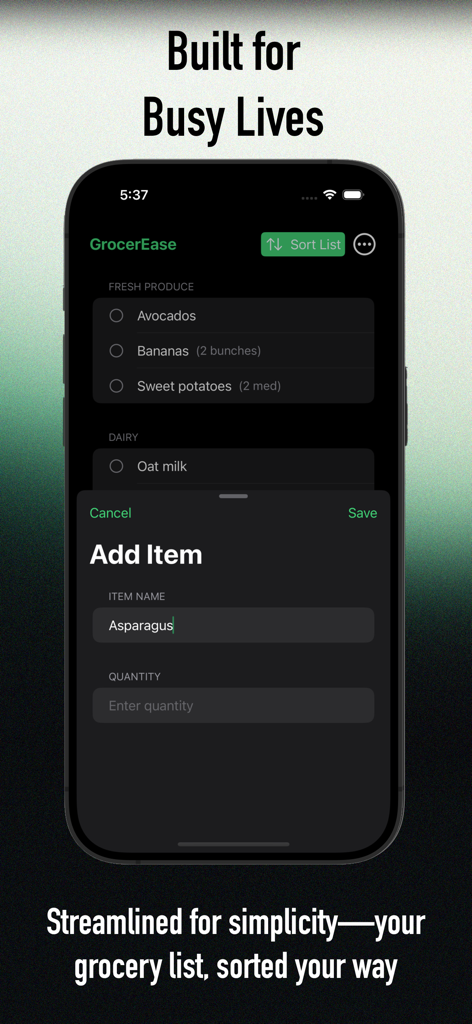 GrocerEase: Shopping Assistant - Interfaz de la aplicación móvil GrocerEase que muestra una lista de compras categorizada con una ventana emergente para agregar artículos