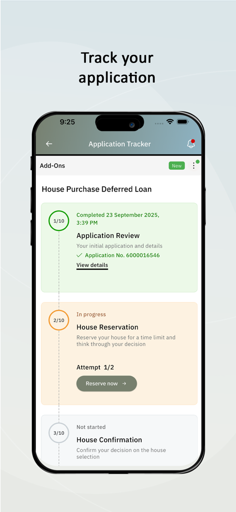 Schermata dell'app mobile che mostra un tracker passo-passo per una richiesta di mutuo differito per acquisto casa