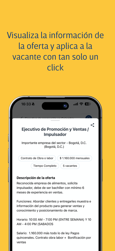 Computrabajo - Computrabajo app screen showing details for a sales job vacancy in Spanish