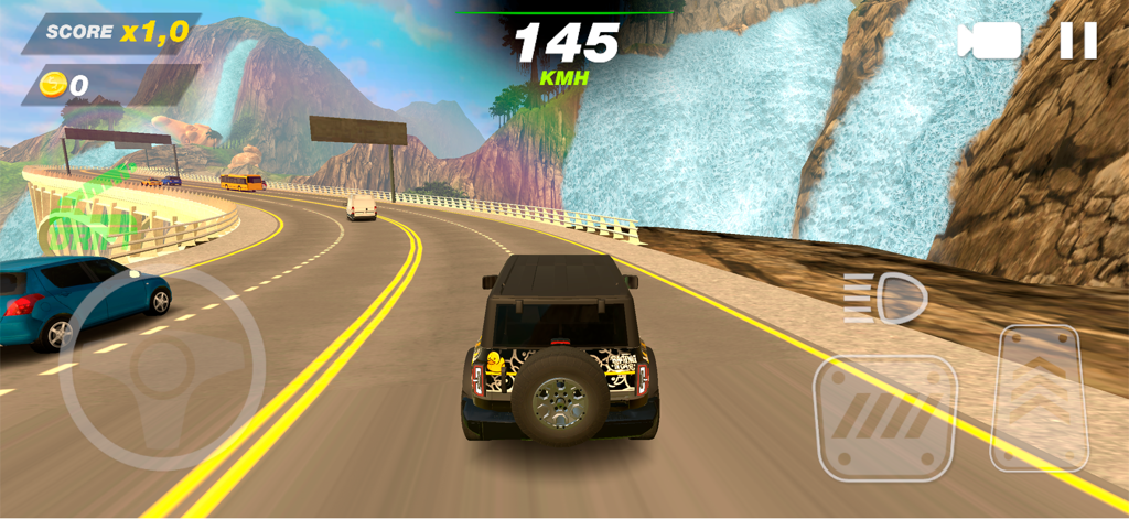 Street Racing: Car Battle - A black SUV racing at high speed on a mountain road with a waterfall in the background