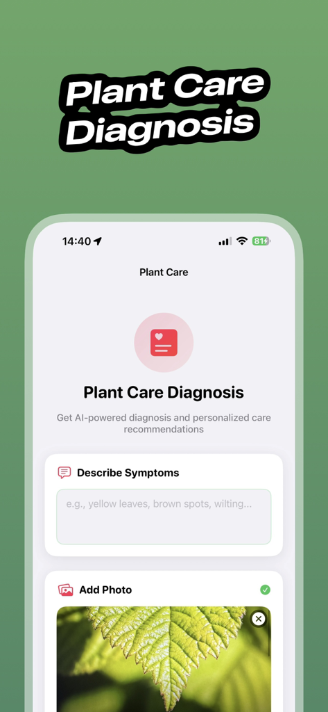 Leaf Identifier - LeafID - Pantalla de diagnóstico de cuidado de plantas de LeafID que muestra un campo de texto para síntomas y carga de foto de hoja.