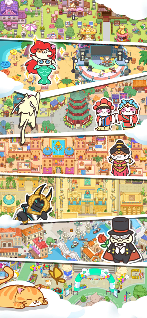A colorful collage showing various themed levels and hand-drawn costumed cats from the Cat Trip game.