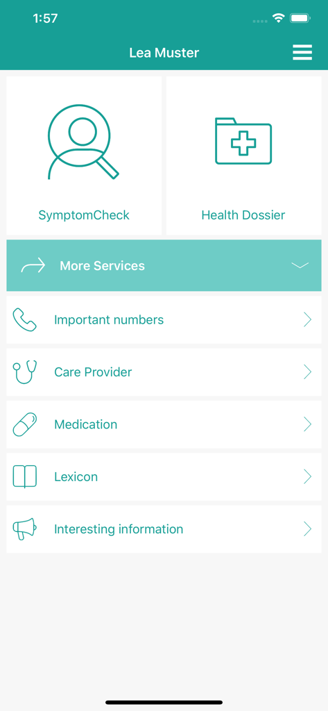 SWICA Benecura - SWICA Benecura App Startbildschirm mit Symptom-Check und Gesundheitsdossier
