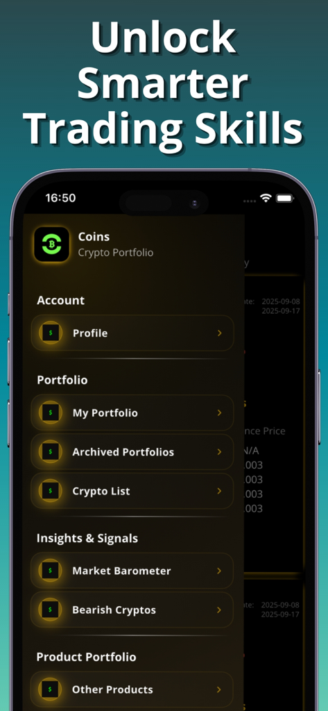 Crypto Trading AI : CPreds - Crypto Trading AI app menu displaying portfolio options and AI market insights.