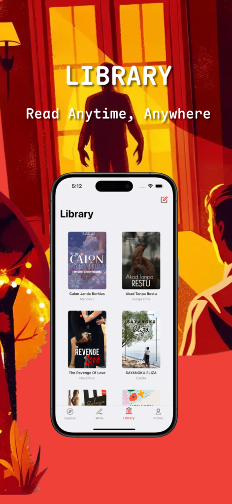 A mobile phone displaying the NovelPlus app library with multiple book titles and the slogan Read Anytime Anywhere.