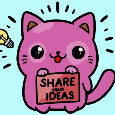 a cute cat saying share your ideas