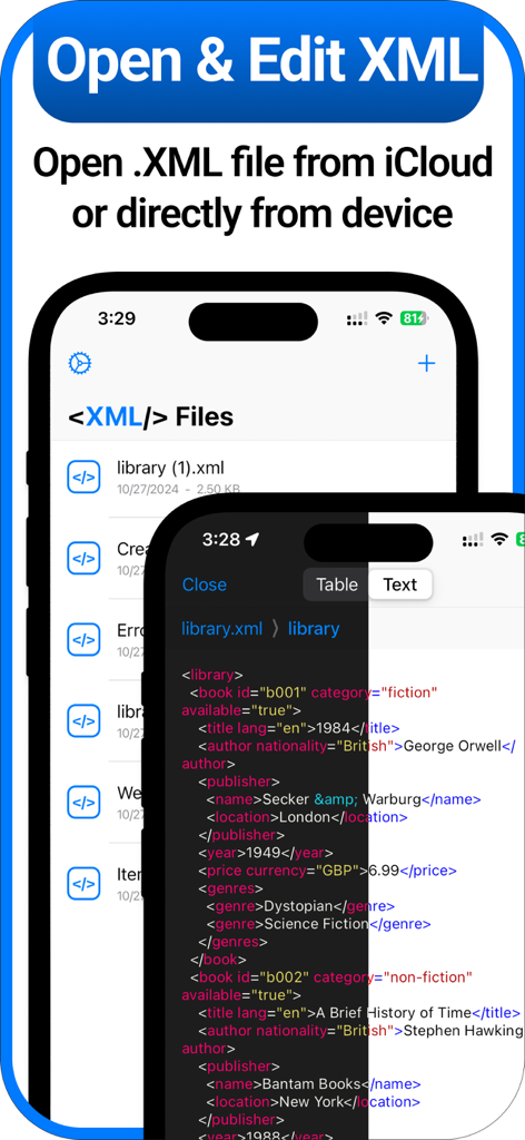Interface of the XML Viewer and Editor app on iPhone showing a file list and a code editor with syntax highlighting