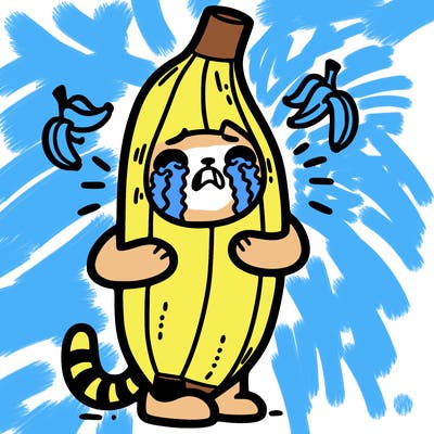 a cat dressed as a banana crying because he sees dead bananas