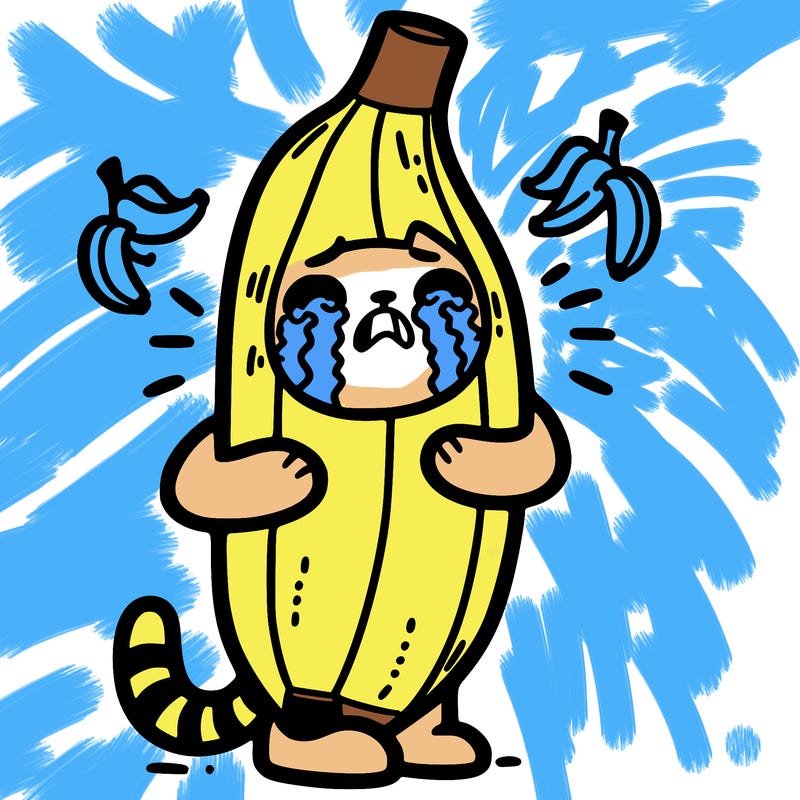 a cat dressed as a banana crying because he sees dead bananas