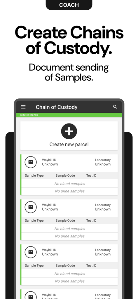 MODOC App Coach interface for documenting and creating chains of custody for doping samples