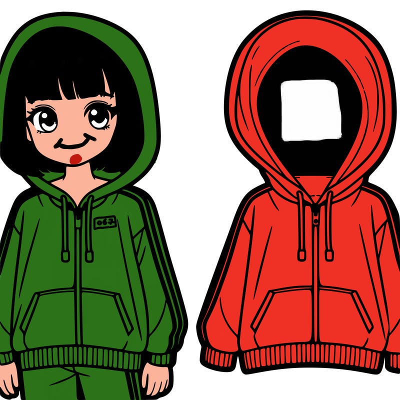 girl wearing tracksuit and hoodie with no hair