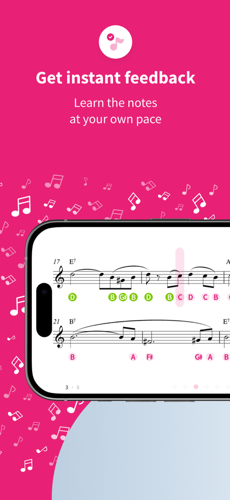 Tomplay Sheet Music - Tomplay app interface showing instant feedback on musical notes while practicing