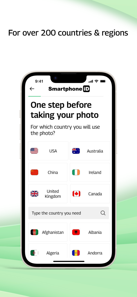 Smartphone iD - Passport photo - Smartphone iD app screen for country selection for passport photos