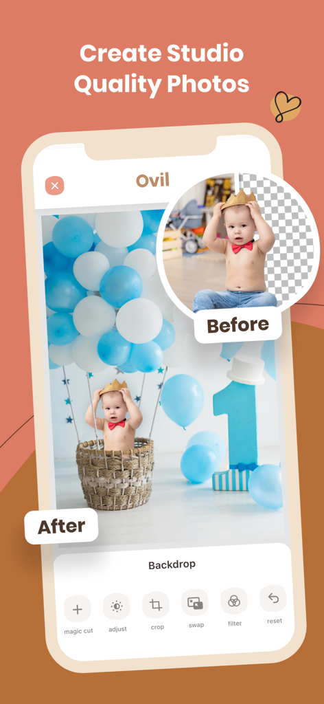 Una comparación que muestra una foto de un bebé antes y después de ser editada con un fondo de estudio profesional en la aplicación Ovil.
