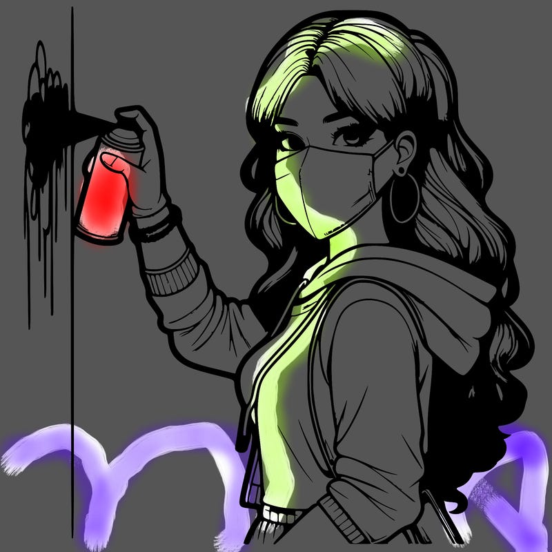 realistic girl with mask spray painting a wall