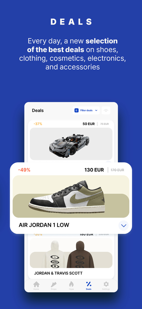 Dropsy: deals,sneakers,fashion - Interface of the Dropsy app displaying daily deals on sneakers and clothing