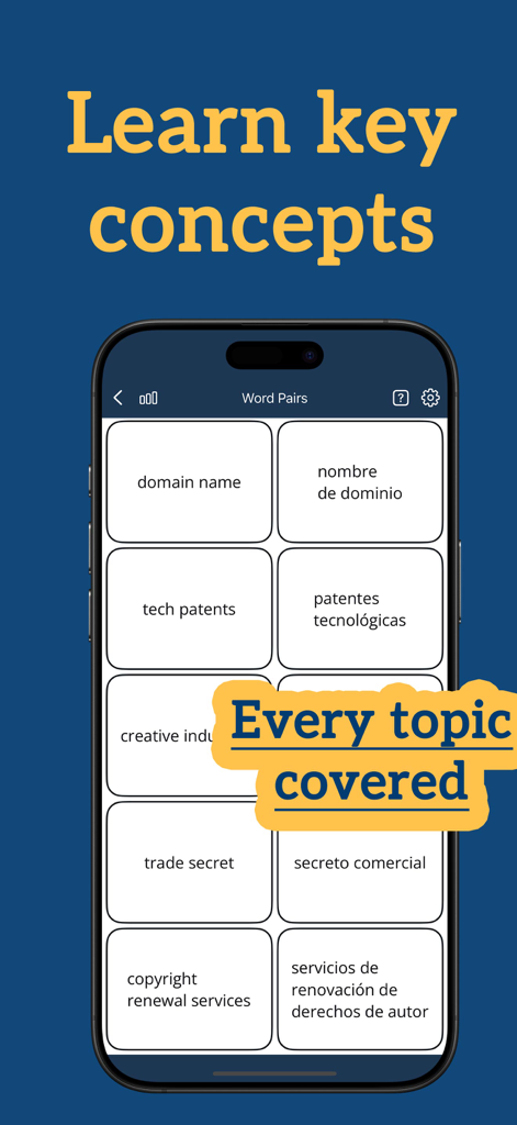 Legal English: Learn Words - Une interface d'application mobile montrant des termes juridiques anglais associés à leurs traductions espagnoles pour l'apprentissage du vocabulaire