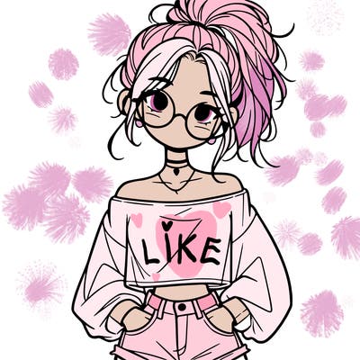 girl with a messy ponytail glasses a baggy crop top and jean shorts