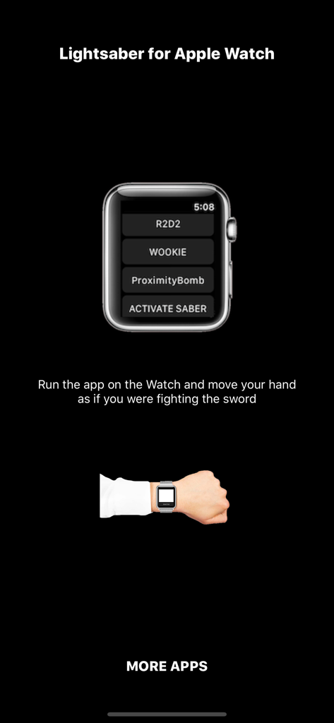Interface do aplicativo Lightsaber for Apple Watch mostrando o menu e instruções de movimento