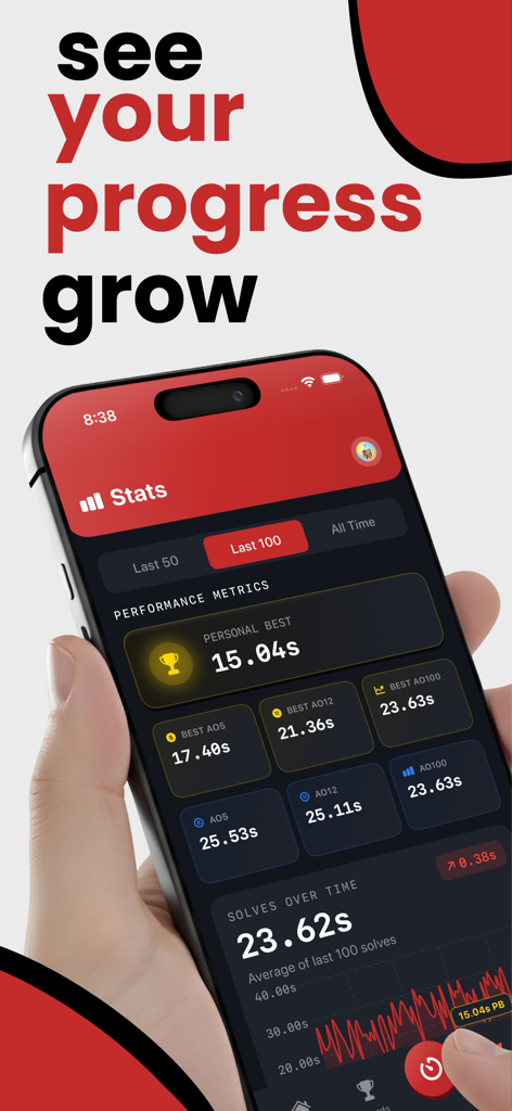 CuberPal: Cube Timer & Coach - CuberPal app interface showing speedcubing performance metrics and progress tracking graph
