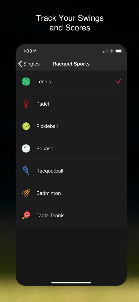TennisKeeper: Swings & Scores - Ecrã da aplicação TennisKeeper a mostrar um menu para selecionar diferentes desportos de raquete, como ténis, padel e pickleball para acompanhamento